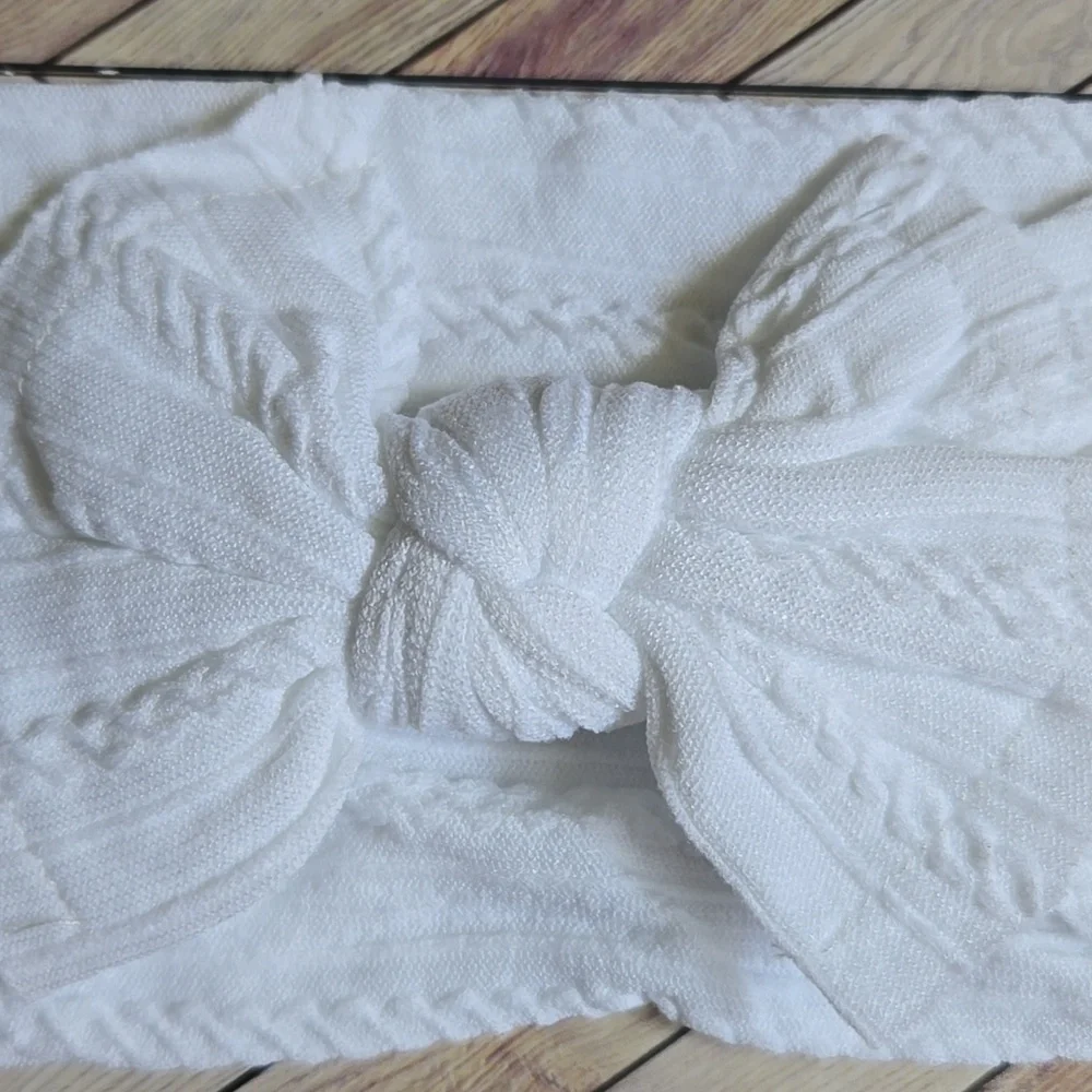 White Cable Knit Baby Bow Headband Soft Stretch Nylon Infant & Toddler Headwrap